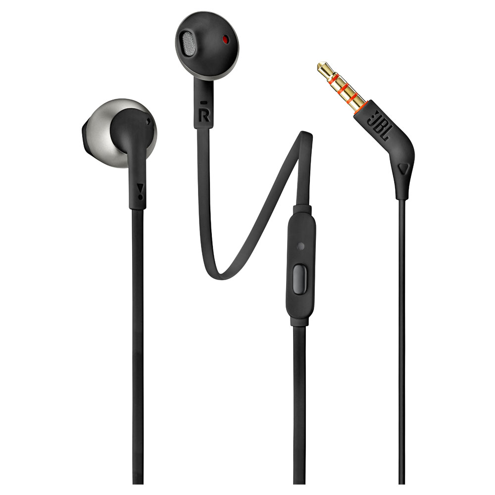 JBL Tune 205 (T205) Black Earbud Headphones + JBL Pure Bass Sound + Single button remote/mic