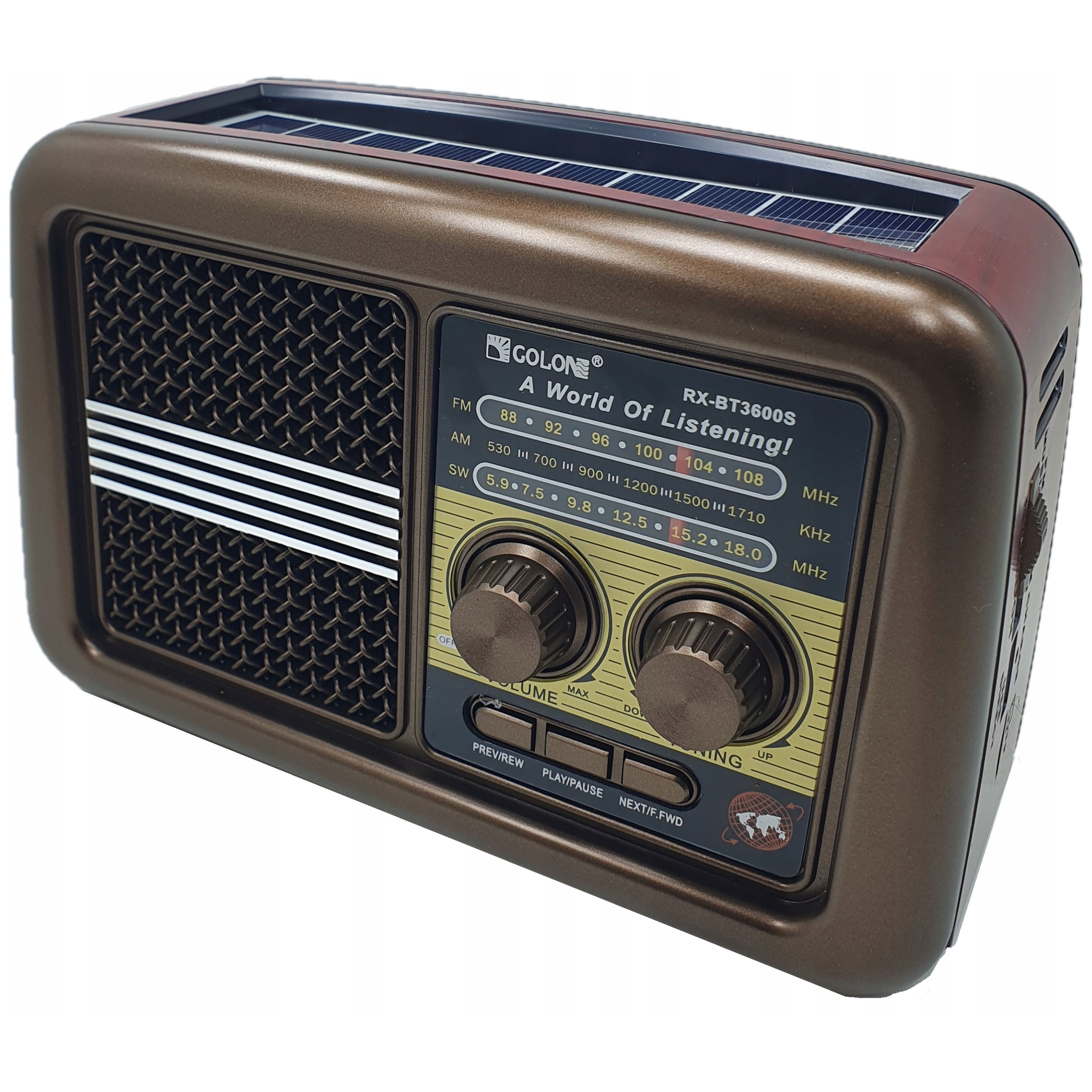 Golon RX-BT3600S Brown Portable Bluetooth Speaker with FM/AM/SW Radio + microSD + USB + LED Torch + Solar Panel Golon RX-BT3600S Brown Portable Bluetooth Speaker with FM/AM/SW Radio + microSD + USB + LED Torch + Solar Panel