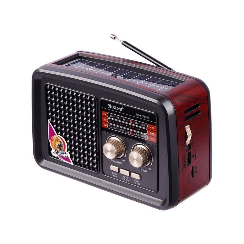 Golon RX-BT3500S Black Portable Bluetooth Speaker with FM/AM/SW Radio + microSD + USB + LED Torch + Solar Panel