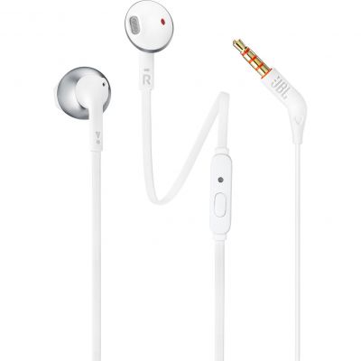 JBL Tune 205 (T205) White Chrome Earbud Headphones + JBL Pure Bass Sound + Single button remote/mic