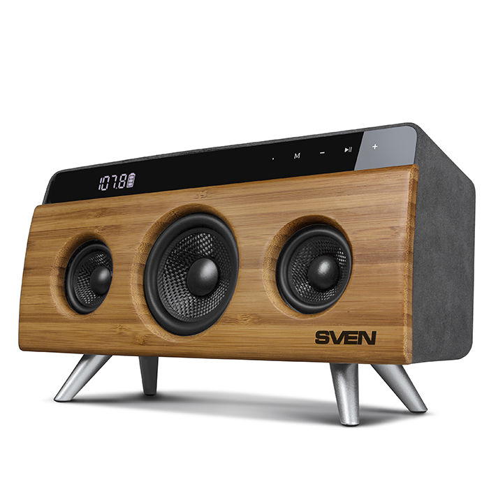 Sven HA-930 Home Audio System Bamboo Finish | Bluetooth + Line-in + USB + FM Radio + LED Display + Built-in Battery