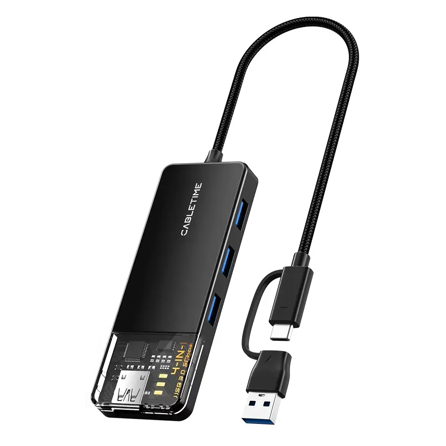 Cabletime Dual Port USB + Type-C >> 4 x USB 3.0 Hub | Nylon Braided | 5Gbps (CT-HUBT3-PB) Cabletime Dual Port USB + Type-C >> 4 x USB 3.0 Hub | Nylon Braided | 5Gbps (CT-HUBT3-PB)