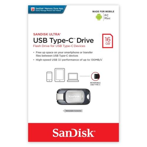 USB 3.1 Flash Disk SanDisk Ultra SDCZ450 USB C 16GB 130MB/s Γκρι (619659140328) USB 3.1 Flash Disk SanDisk Ultra SDCZ450 USB C 16GB 130MB/s Γκρι (619659140328)