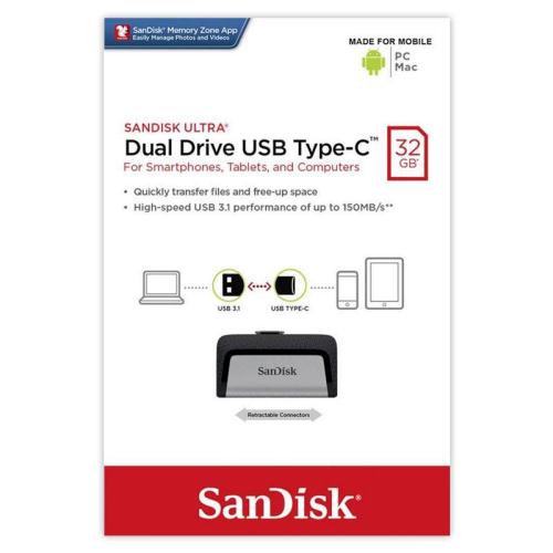 USB 3.1 Flash Disk SanDisk Dual Drive USB C 32GB 150 MB/s Ασημί (619659142049) USB 3.1 Flash Disk SanDisk Dual Drive USB C 32GB 150 MB/s Ασημί (619659142049)