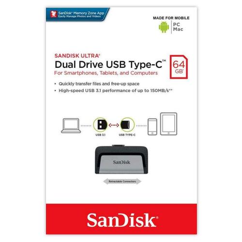 USB 3.1 Flash Disk SanDisk Dual Drive USB C 64GB 150 MB/s Ασημί (619659142056) USB 3.1 Flash Disk SanDisk Dual Drive USB C 64GB 150 MB/s Ασημί (619659142056)