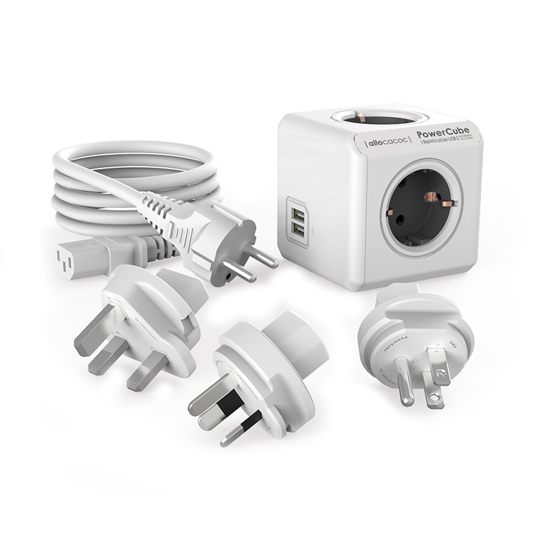 Allocacoc PowerCube Rewirable USB Cable Edition Grey | Πολύπριζο 4 Θέσεων + 2 x USB @ 2.1A + 3 x Travel Plugs + Cable 1m Allocacoc PowerCube Rewirable USB Cable Edition Grey | Πολύπριζο 4 Θέσεων + 2 x USB @ 2.1A + 3 x Travel Plugs + Cable 1m