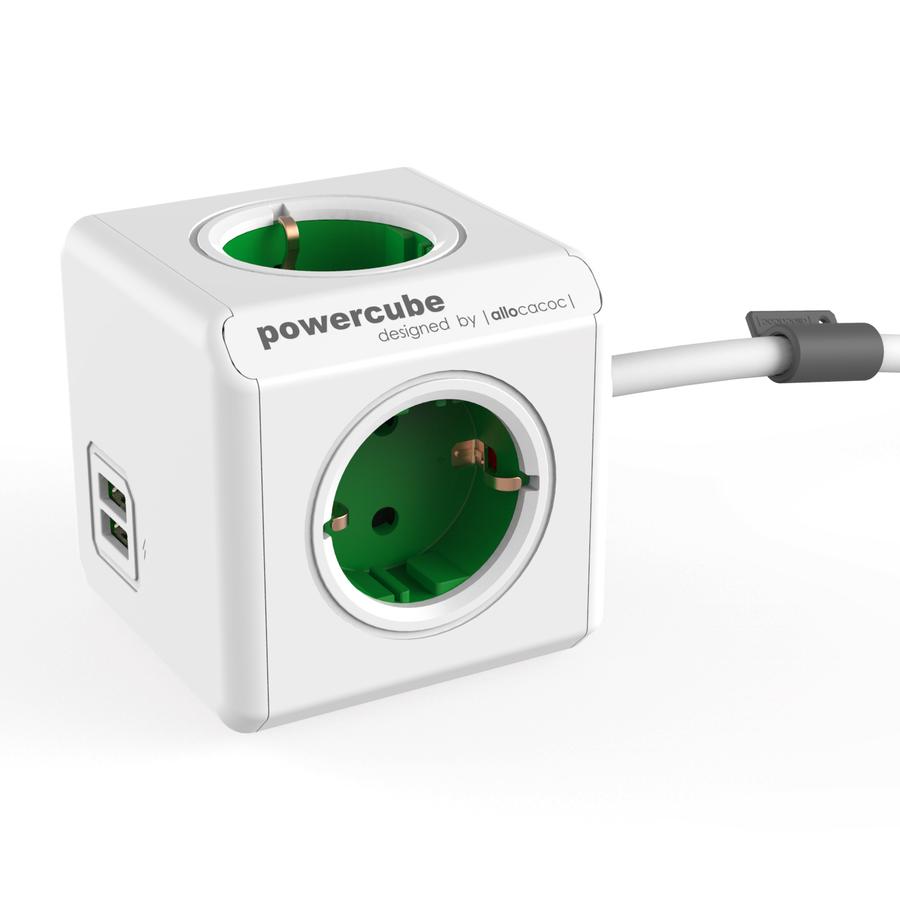 Allocacoc PowerCube Extended USB Green |  4  + 2 x USB @ 2.1A +   +  1.5m