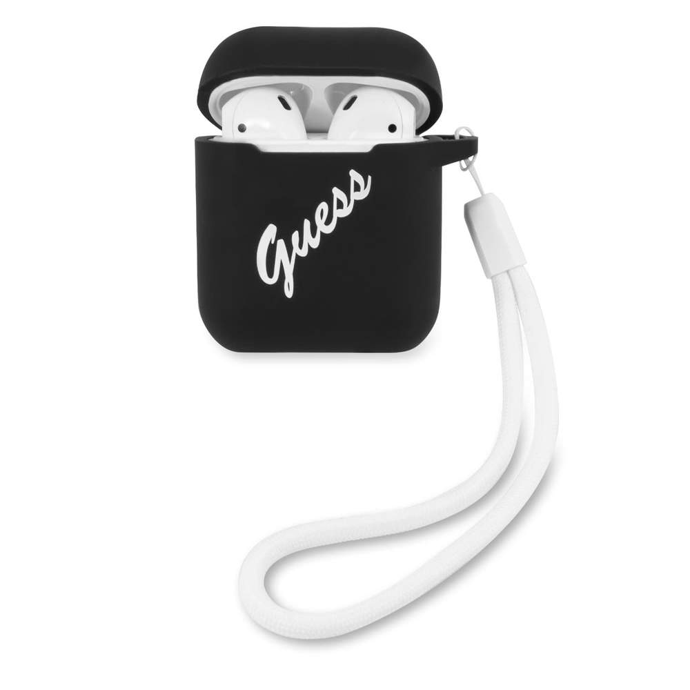 Guess Vintage Script White Logo Silicone Case Black   Apple Airpods 1 (2016), Airpods 2 (2019) (GUACA2LSVSBW)