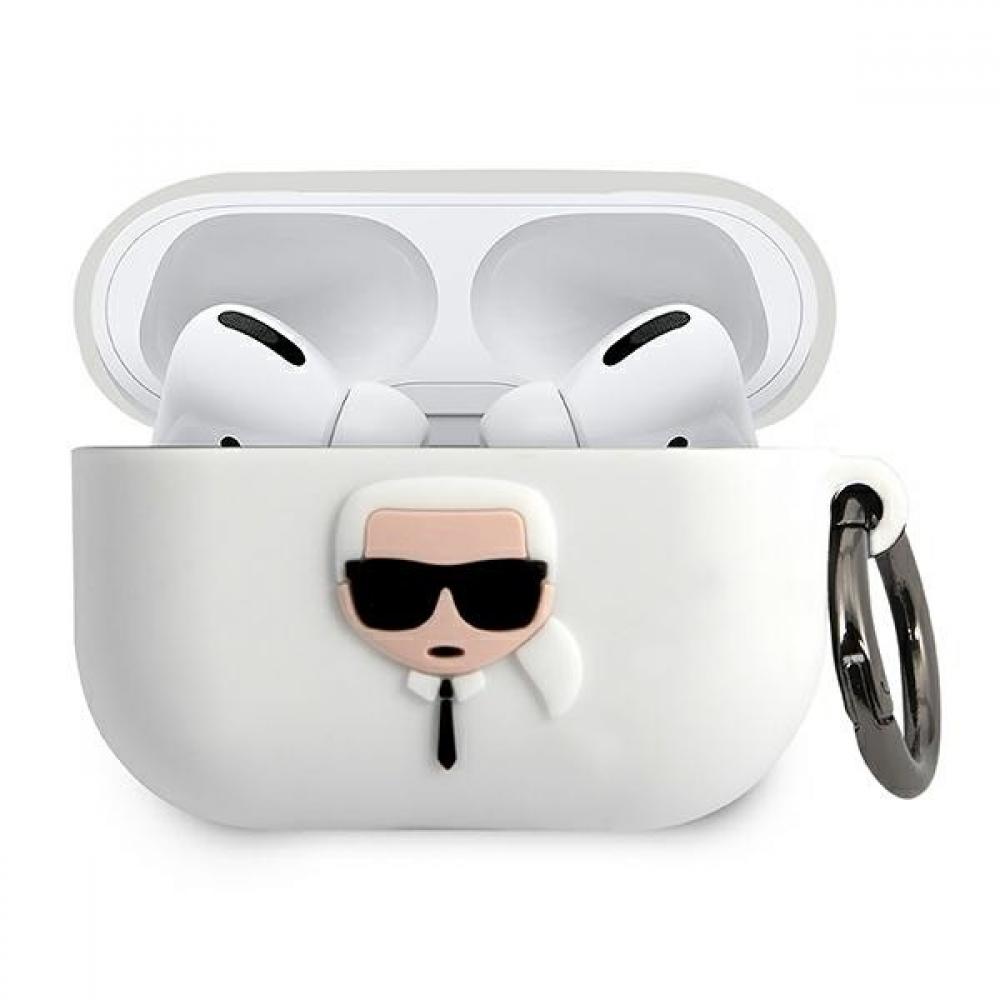 Karl Lagerfeld Embossed Logo Karls Head Collection Silicone Case White   Apple Airpods Pro