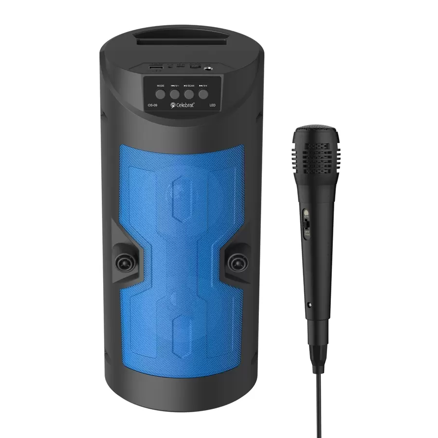 Celebrat OS-09-BL Party Karaoke Speaker + Microphone | Bluetooth + Line-in + microSD + USB + FM Radio + Multi-Colored LED Celebrat OS-09-BL Party Karaoke Speaker + Microphone | Bluetooth + Line-in + microSD + USB + FM Radio + Multi-Colored LED