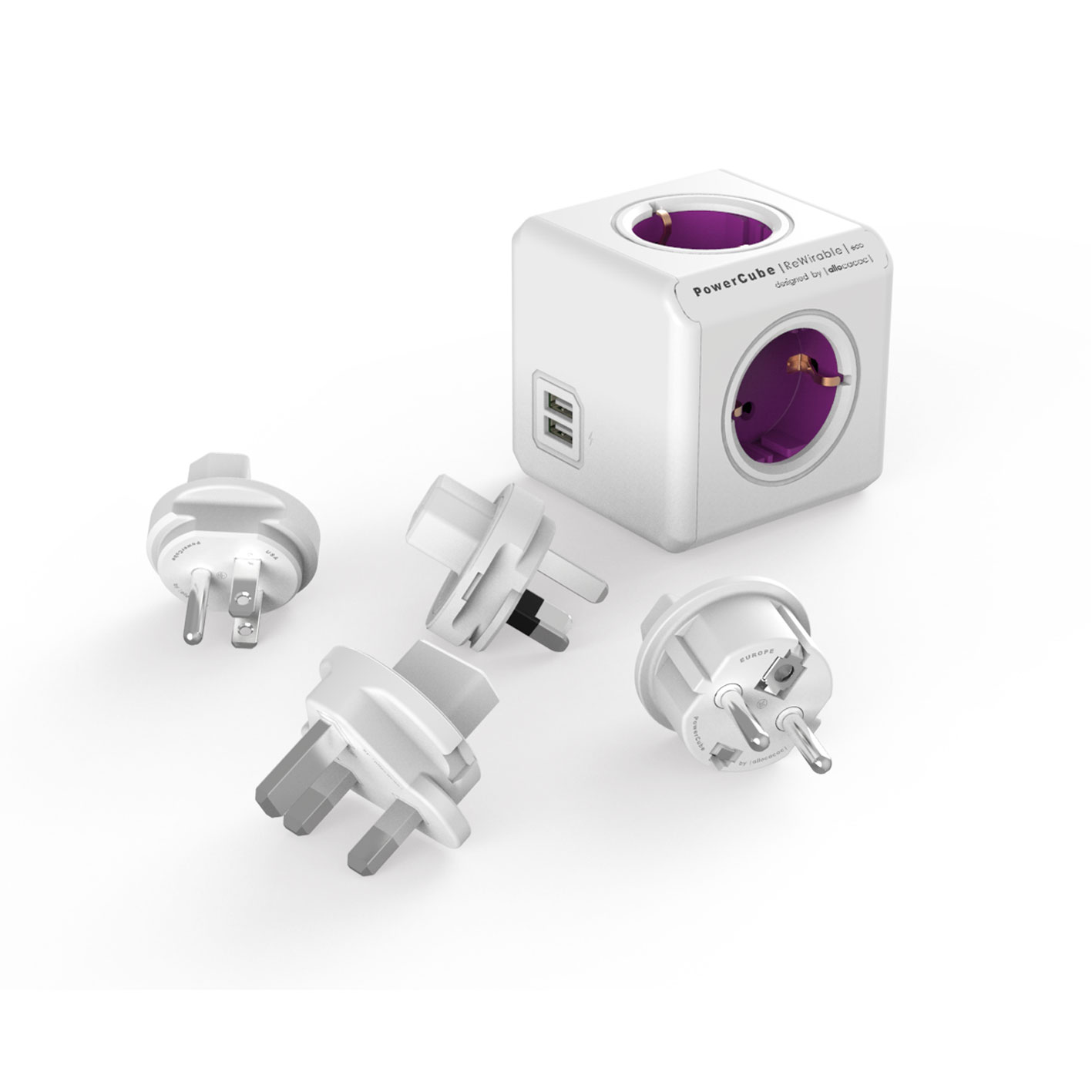 Allocacoc PowerCube Rewirable USB Purple | Πολύπριζο 4 Θέσεων + 2 x USB @ 2.1A + 4 x Travel Plugs Allocacoc PowerCube Rewirable USB Purple | Πολύπριζο 4 Θέσεων + 2 x USB @ 2.1A + 4 x Travel Plugs