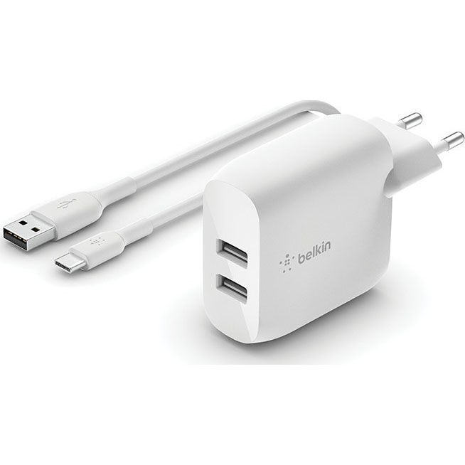 Belkin WCE001vf1MWH Dual USB Wall Charger 24W + Type-C (USB-C) Καλώδιο 1m Belkin WCE001vf1MWH Dual USB Wall Charger 24W + Type-C (USB-C) Καλώδιο 1m