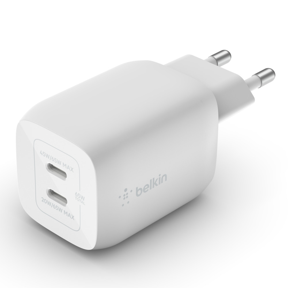 Belkin WCH013vfWH Dual Type-C Wall Charger 65W | PD/PPS FastCharge with GaN Tech |  Smartphones, Tablets, Notebooks!