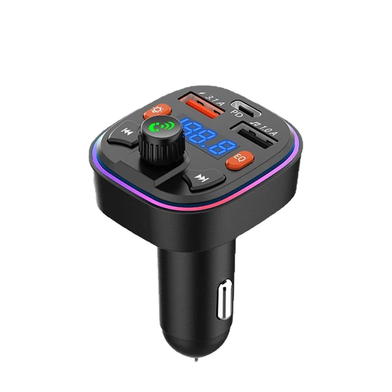 iPDA Q5 PD Type-C @ 18W + 2 x USB @ 4.1A Car Charger + FM Transmitter + Bluetooth Car Kit + LED Show Light + EQ