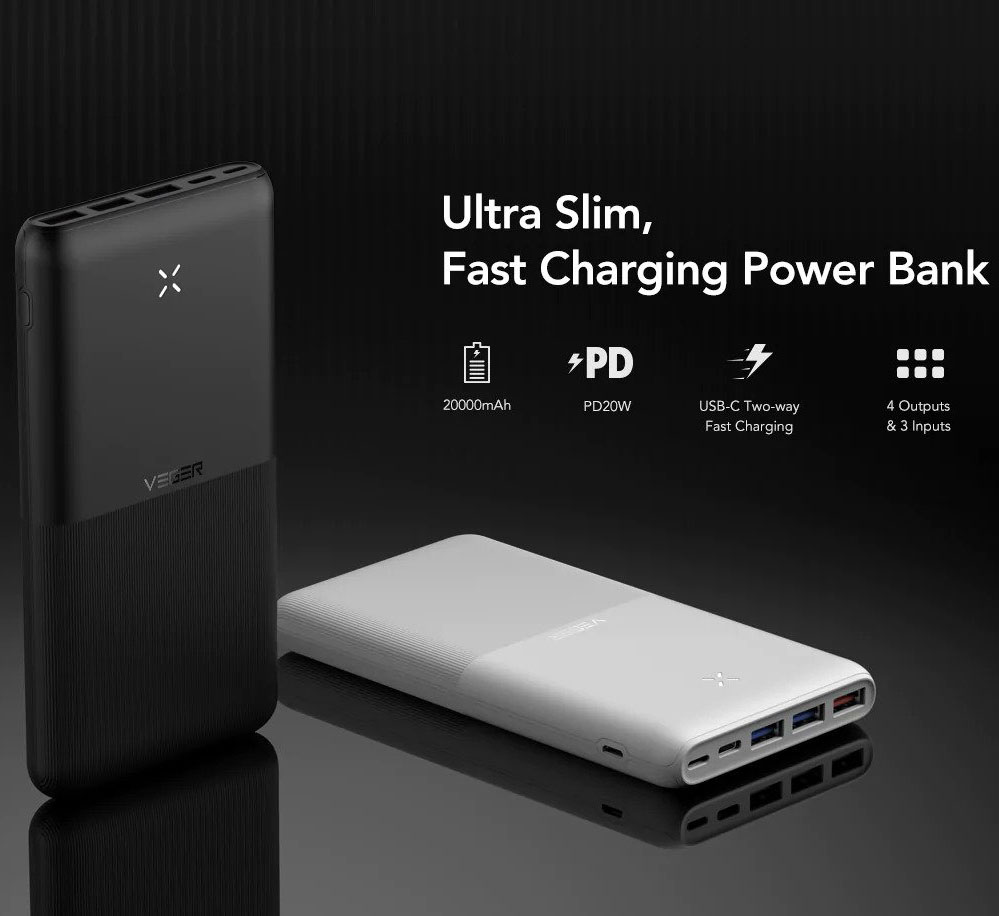 Veger S22 White Power Bank 20000mAh | 3 x USB + Type-C @ 20W Output |  Smartphones & Tablets