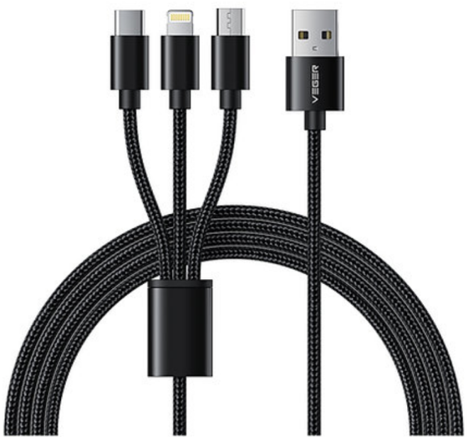 Veger V303 3-in-1 USB Charge Cable 1.5m | microUSB + Lightning + Type-C | Braided Κατασκευή | Ένα καλώδιο για όλες τις συσκευές! Veger V303 3-in-1 USB Charge Cable 1.5m | microUSB + Lightning + Type-C | Braided Κατασκευή | Ένα καλώδιο για όλες τις συσκευές!