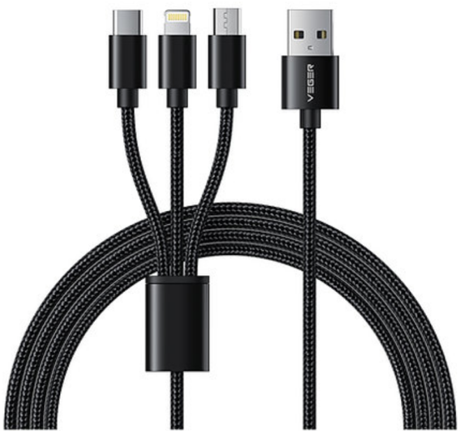 Veger V303 3-in-1 USB Charge Cable 1.5m | microUSB + Lightning + Type-C | Braided  |      !