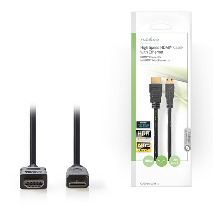 NEDIS CVGP34500BK15 High Speed HDMI Cable with Ethernet, HDMI - HDMI Mini, 1.5m, (Καλώδιο High speed HDMI with Ethernet, H...) NEDIS CVGP34500BK15 High Speed HDMI Cable with Ethernet, HDMI - HDMI Mini, 1.5m, (Καλώδιο High speed HDMI with Ethernet, H...)