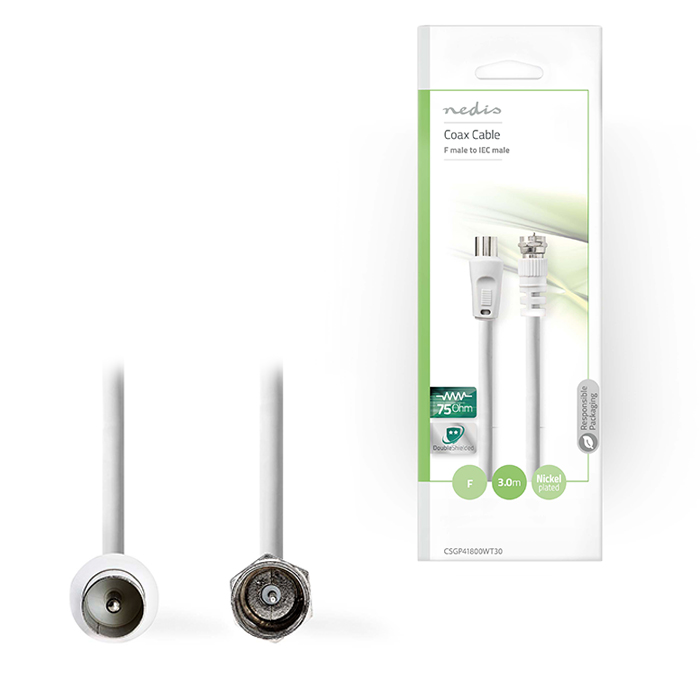 NEDIS CSGP41800WT30 Satellite & Antenna Cable, F Male - IEC (Coax) Male, 3m, Whi (Καλώδιο F αρσ) NEDIS CSGP41800WT30 Satellite & Antenna Cable, F Male - IEC (Coax) Male, 3m, Whi (Καλώδιο F αρσ)