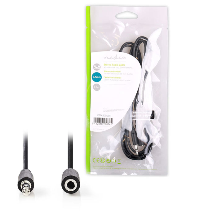 NEDIS CAGP22050BK20 Stereo Audio Cable, 3.5 mm Male - 3.5 mm Female, 2m, Black (Καλώδιο ήχου 3,5mm αρσ) NEDIS CAGP22050BK20 Stereo Audio Cable, 3.5 mm Male - 3.5 mm Female, 2m, Black (Καλώδιο ήχου 3,5mm αρσ)