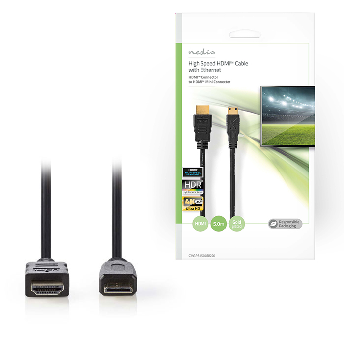 NEDIS CVGP34500BK50 High Speed HDMI Cable with Ethernet, HDMI - HDMI Mini, 5m, B (Καλώδιο High speed HDMI mini αρσ) NEDIS CVGP34500BK50 High Speed HDMI Cable with Ethernet, HDMI - HDMI Mini, 5m, B (Καλώδιο High speed HDMI mini αρσ)