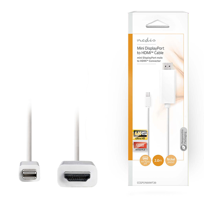 NEDIS CCGP37600WT20 Mini Display Port HDMI-Male Connector,2.0 m White (Καλώδιο Mini DisplayPort ) NEDIS CCGP37600WT20 Mini Display Port HDMI-Male Connector,2.0 m White (Καλώδιο Mini DisplayPort )