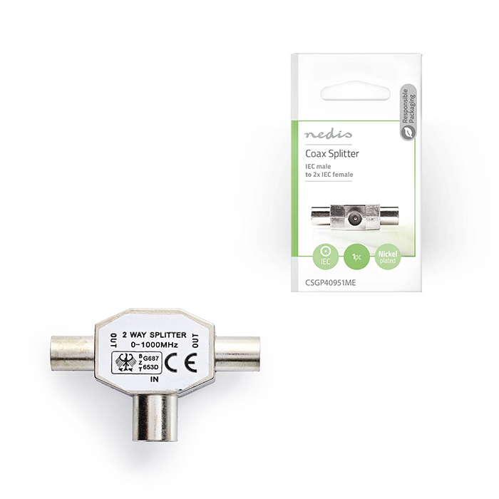 NEDIS CSGP40951ME Coax Splitter IEC (Coax) Male-2x IEC (Coax) Female, Metal (Μεταλλικός διακλαδωτής RF 1 αρσ) NEDIS CSGP40951ME Coax Splitter IEC (Coax) Male-2x IEC (Coax) Female, Metal (Μεταλλικός διακλαδωτής RF 1 αρσ)