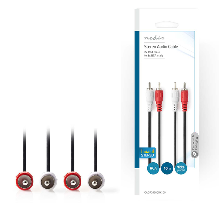 NEDIS CAGP24200BK100 Stereo Audio Cable 2x RCA Male-2x RCA Male 10m Black (Καλώδιο 2x RCA αρσ) NEDIS CAGP24200BK100 Stereo Audio Cable 2x RCA Male-2x RCA Male 10m Black (Καλώδιο 2x RCA αρσ)