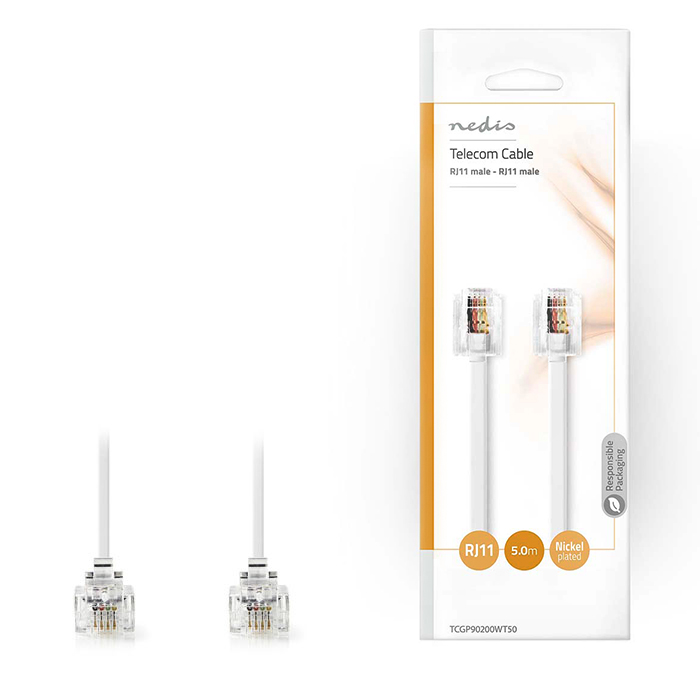 NEDIS TCGP90200WT50 Telecom Cable RJ11 Male - RJ11 Male 5.0 m White (Tηλεφωνικό καλώδιο RJ11 αρσ) NEDIS TCGP90200WT50 Telecom Cable RJ11 Male - RJ11 Male 5.0 m White (Tηλεφωνικό καλώδιο RJ11 αρσ)