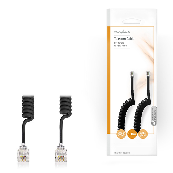 NEDIS TCGP90100BK50 Telecom Cable RJ10 Male - RJ10 Male 5.0m Black (Καλώδιο σπιράλ RJ10 ( ακουστικό συσκευής...) NEDIS TCGP90100BK50 Telecom Cable RJ10 Male - RJ10 Male 5.0m Black (Καλώδιο σπιράλ RJ10 ( ακουστικό συσκευής...)