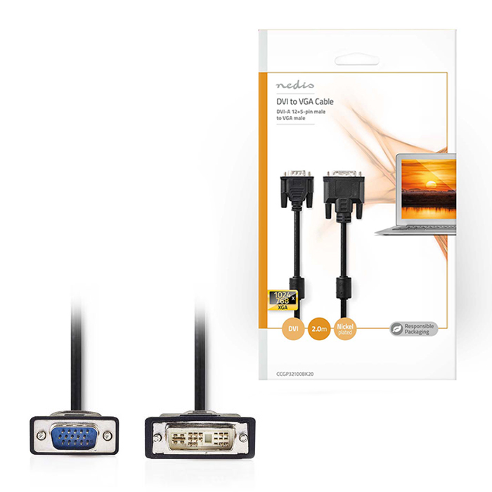 NEDIS CCGP32100BK20 DVI Cable DVI-A 12+5-Pin Male - VGA Male 2.0m Black (Καλώδιο DVI-A 12+5p αρσ) NEDIS CCGP32100BK20 DVI Cable DVI-A 12+5-Pin Male - VGA Male 2.0m Black (Καλώδιο DVI-A 12+5p αρσ)