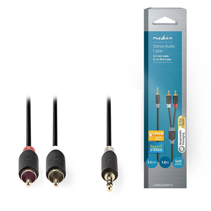 NEDIS CABW22200AT10 Stereo Audio Cable 3.5 mm Male - 2x RCA Male 1.0 m Anthracit (Καλώδιο 2x RCA αρσ) NEDIS CABW22200AT10 Stereo Audio Cable 3.5 mm Male - 2x RCA Male 1.0 m Anthracit (Καλώδιο 2x RCA αρσ)