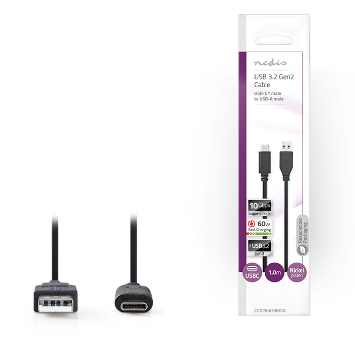 NEDIS CCGP61650BK10 USB 3.1 Cable (Gen2) | Type-C Male - A Male 1.0 m Black (Καλώδιο USB 32 Gen 2x1 Type-C αρσ) NEDIS CCGP61650BK10 USB 3.1 Cable (Gen2) | Type-C Male - A Male 1.0 m Black (Καλώδιο USB 32 Gen 2x1 Type-C αρσ)
