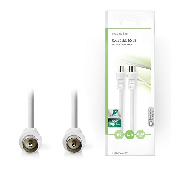 NEDIS CSGP40200WT30 Coax Cable 90dB IEC (Coax) Male - IEC (Coax) Male 3.0m White (Καλώδιο IEC (Coax) αρσ) NEDIS CSGP40200WT30 Coax Cable 90dB IEC (Coax) Male - IEC (Coax) Male 3.0m White (Καλώδιο IEC (Coax) αρσ)