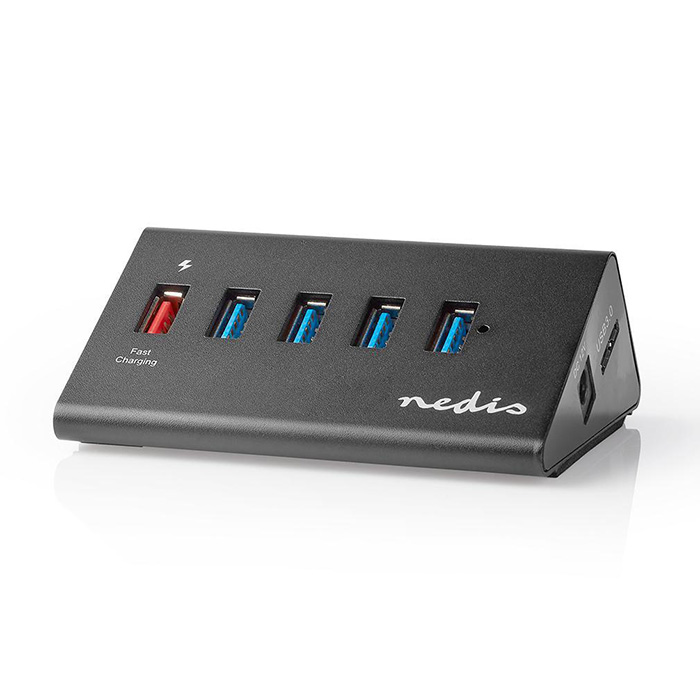 NEDIS UHUBUP3510BK USB Hub 5-Port QC3.0/USB 3.2 Gen1 Mains Powered/USB Powered 5 (USB 30 Hub 4  + 1  QC30  ...)