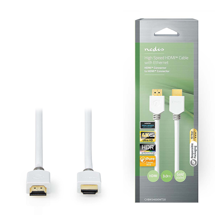 NEDIS CVBW34000WT30 HIGH SPEED HDMI CABLE WITH ETHERNET 4K at 60Hz 18Gbps 3.00m WHITE (Καλώδιο Premium High speed HDMI with Eth. NEDIS CVBW34000WT30 HIGH SPEED HDMI CABLE WITH ETHERNET 4K at 60Hz 18Gbps 3.00m WHITE (Καλώδιο Premium High speed HDMI with Eth.
