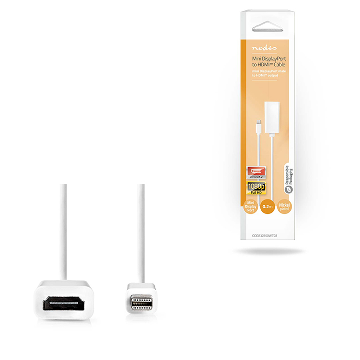 NEDIS CCGB37650WT02 MINI DISPLAYPORT CABLE, MINI DISPLAYPORT MALE - HDMI 0.20m WHITE (Καλώδιο-αντάπτορας Mini DisplayPort αρσ) NEDIS CCGB37650WT02 MINI DISPLAYPORT CABLE, MINI DISPLAYPORT MALE - HDMI 0.20m WHITE (Καλώδιο-αντάπτορας Mini DisplayPort αρσ)